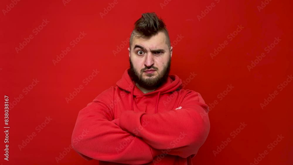 Horizontal 4K video with copyspace. Male portrait. Bearded joyful young adult man with mohawk in scarlet sweatshirt lowers one eyebrow, frowns, smiles, looks at camera on red background. White man