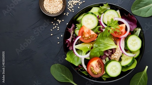 Spinach salad with fresh cucumbers, tomato, onion, pomegranate, sesame seeds and cashew nuts on black background.