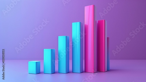 Colorful 3D bar chart with blue and pink bars on a gradient purple background  representing data and growth analytics. 3D Illustration.