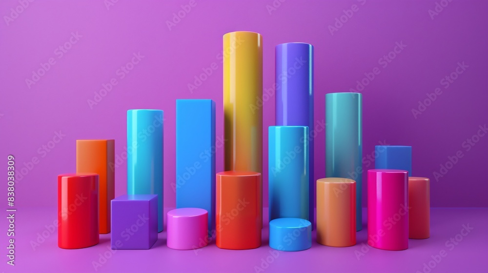 Colorful 3D bar graph concept on a purple background, showcasing vibrant data visualization, ideal for business, finance, or statistical presentations.