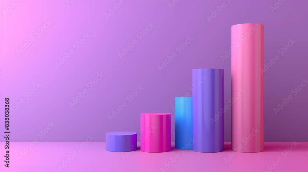 Colorful 3D bar graph illustration with purple, blue, and pink cylinders on a gradient background, representing data and statistics. 3D Illustration. Colorful 3D bar graph illustration with purple, blue, and pink cylinders on a gradient background, representing data and statistics. 3D Illustration.