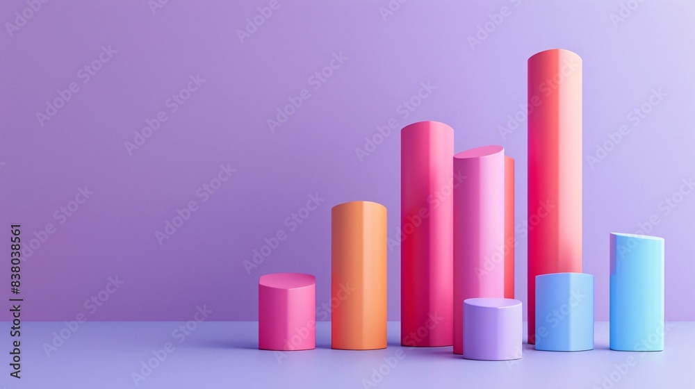 Colorful 3D bar graph with cylindrical shapes on purple background representing data analysis and business growth concept. 3D Illustration. Colorful 3D bar graph with cylindrical shapes on purple background representing data analysis and business growth concept. 3D Illustration.