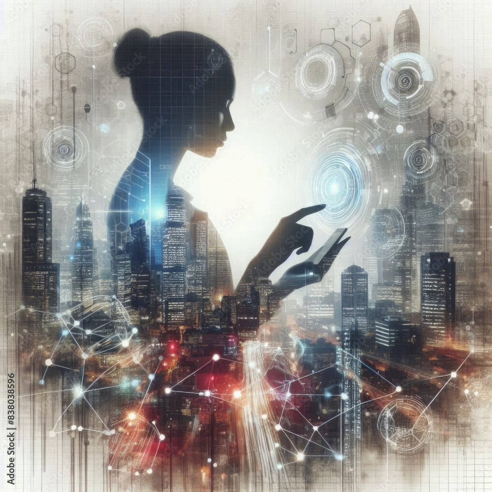A silhouette of a woman interacts with a glowing digital interface, her figure superimposed over a cityscape teeming with lights and technology