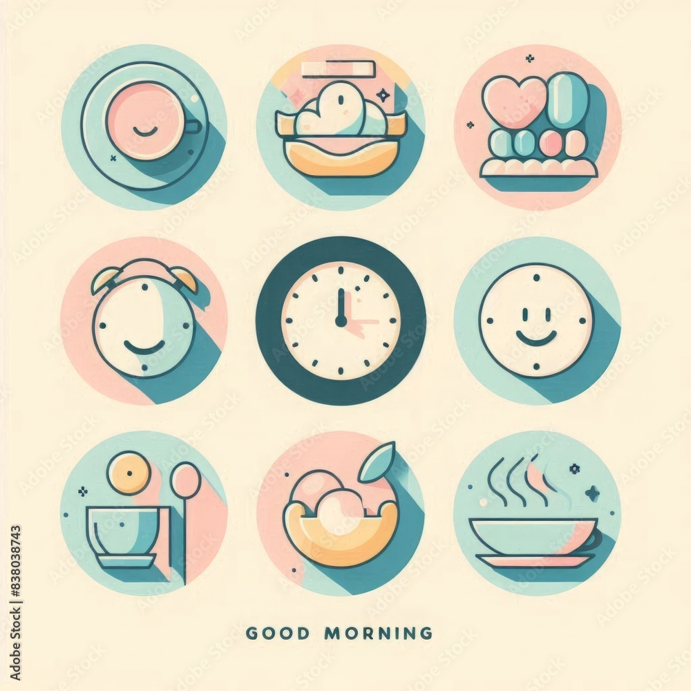 Fototapeta premium A collection of nine icons representing a typical morning routine, with a light and airy design