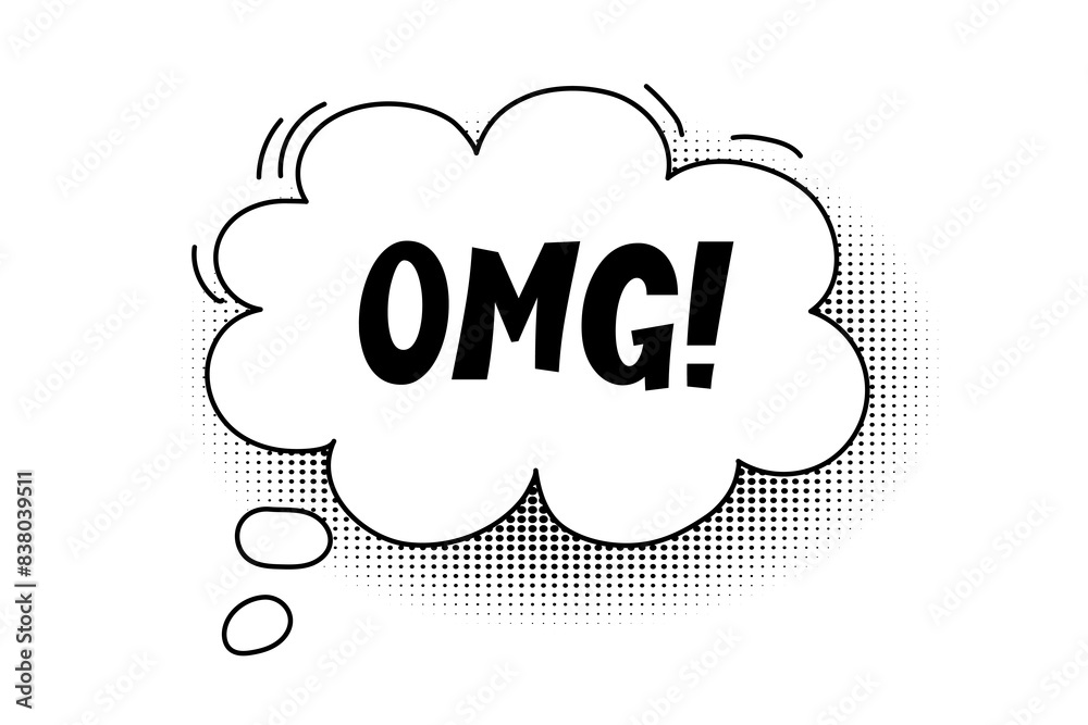 Speech bubble with omg inscription, comic book style cloud. Hand drawn sketch element with halftone shadow.