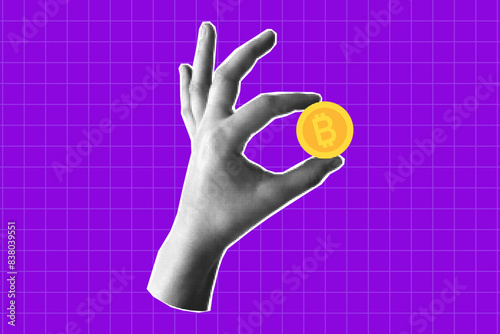 Paper-cut halftone hand holding a coin. Banner on a financial theme, money, cryptocurrency. Concept of payment and financial planning, savings.