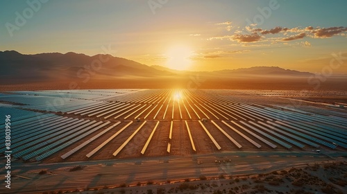 A drone view of a vast solar farm in the desert. 