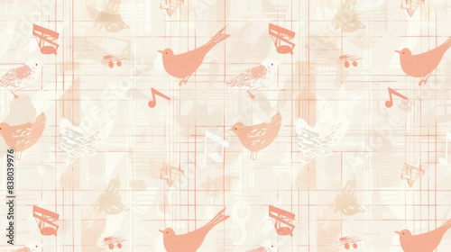 Whimsical Peach Tartan Pattern with Cartoon Birds and Musical Notes for Cheerful Design