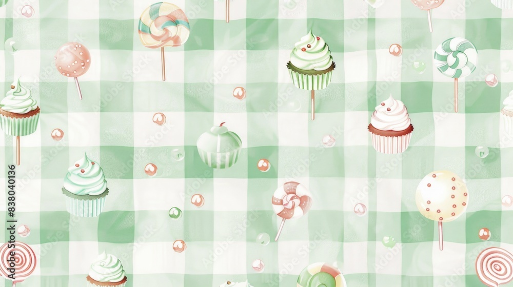 Sweet Pastel Green Plaid Pattern with Miniature Cupcakes and Lollipops for a Fun and Charming Design
