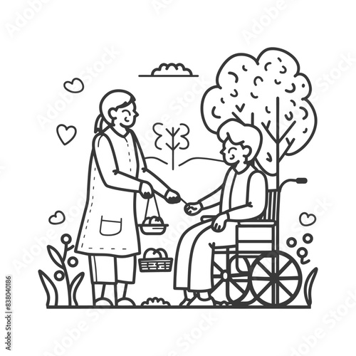 Caregiver Giving Fruit to Senior in Wheelchair, Doodle Illustration.
