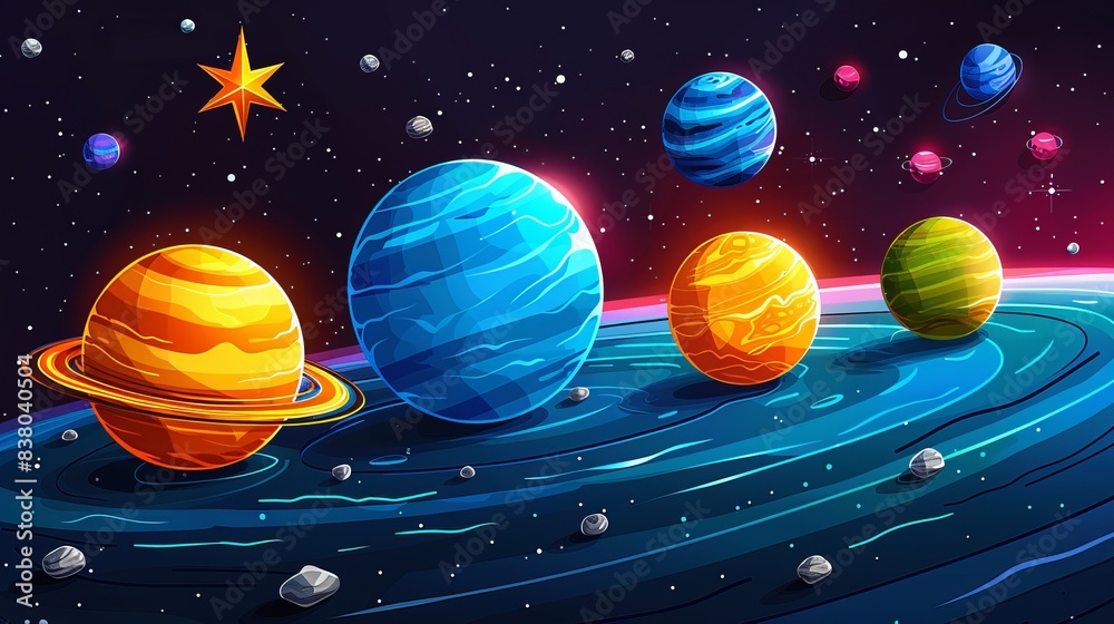 Naklejka premium cartoon style space rocket model in universe and dark space with stars and galaxy, space rocket exploration in universe space realistic illustration 