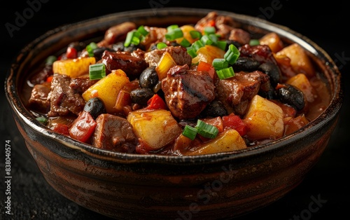 A bowl of stew with meat and potatoes