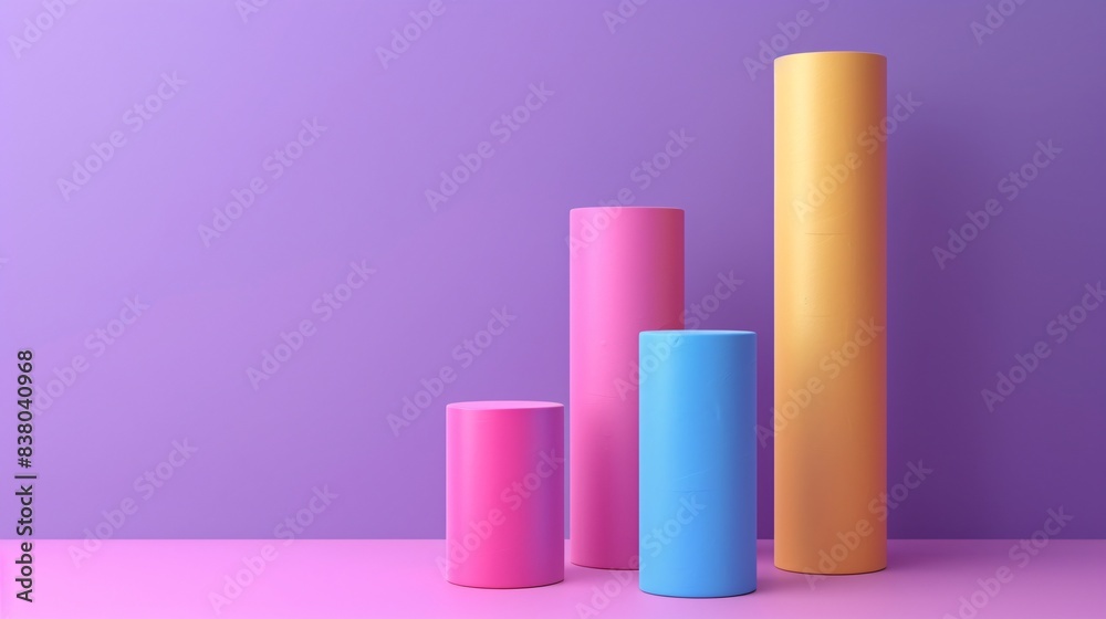 Colorful cylindrical columns of different heights arranged in a gradient background, creating a vibrant and modern abstract scene. 3D Illustration. Colorful cylindrical columns of different heights arranged in a gradient background, creating a vibrant and modern abstract scene. 3D Illustration.