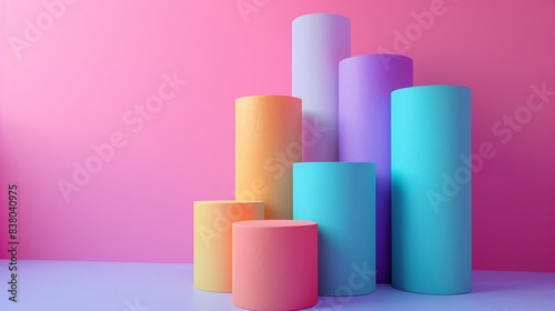 Colorful cylindrical pillars on a pastel pink background creating a modern, vibrant, and geometric abstract composition in a studio setting. 3D Illustration.