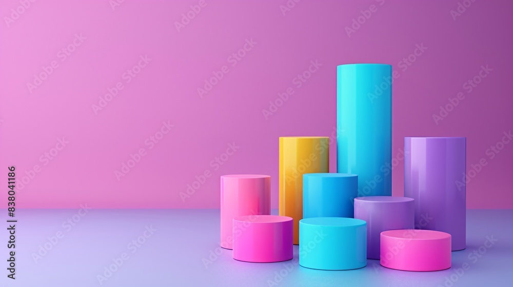 Colorful cylindrical shapes arranged on a pink and purple gradient background, perfect for abstract and modern design concepts. 3D Illustration. Colorful cylindrical shapes arranged on a pink and purple gradient background, perfect for abstract and modern design concepts. 3D Illustration.