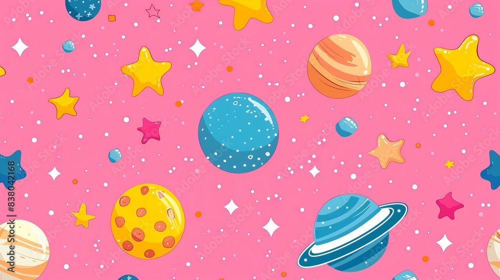 colorful galaxy space, stars, and planets set on pink background illustration, colorful planetary satellites on a pink background colorful galaxy space, stars, and planets set on pink background illustration, colorful planetary satellites on a pink background