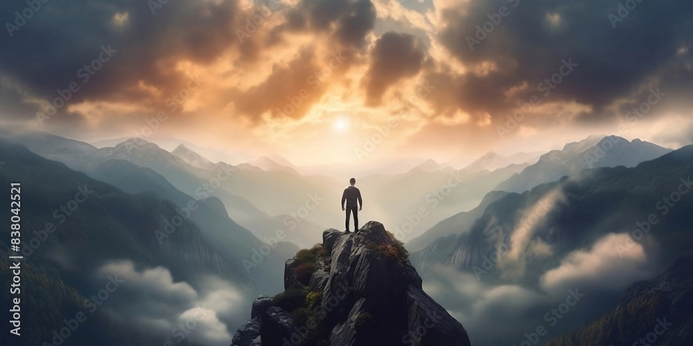 Man standing on top of the mountain and looking into the distance,The ...