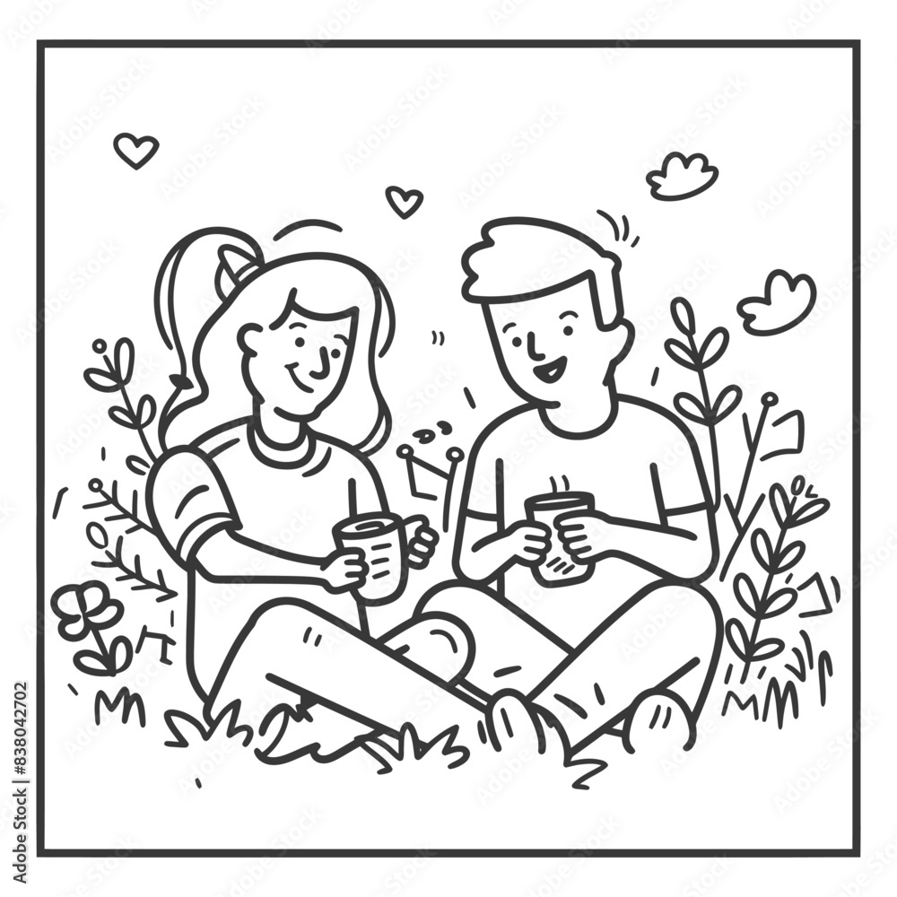 Obraz premium Doodle Couple: Picnic in Grass, Coffee, Hearts, Happy Outing Line Art.
