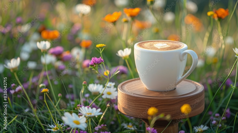 Cappuccino on a wooden stand, in flower field background