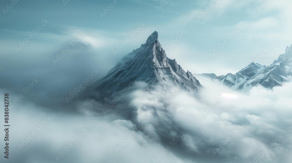A mountain peak piercing the clouds, a solitary sentinel in the vastness of the landscape. A mountain peak piercing the clouds, a solitary sentinel in the vastness of the landscape.