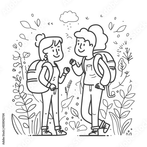 Line Art: Two Smiling Women Hikers Chatting Amidst Foliage, Backpacks and Simple Cloud, Coloring Page Style.