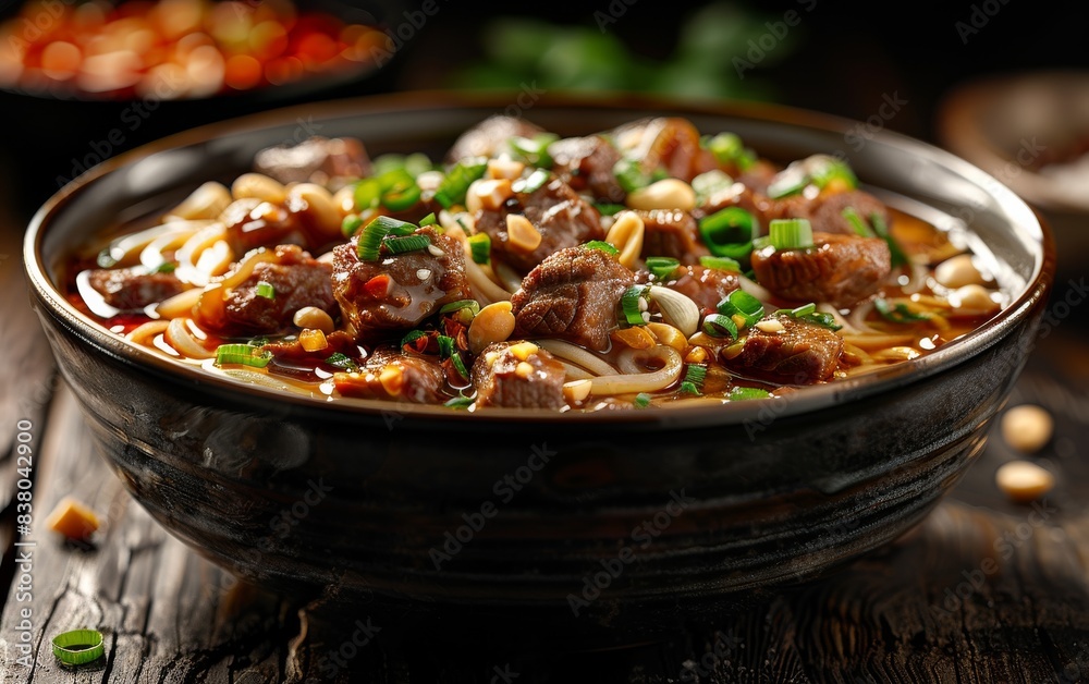 A bowl of meat and noodles with a lot of green vegetables A bowl of meat and noodles with a lot of green vegetables