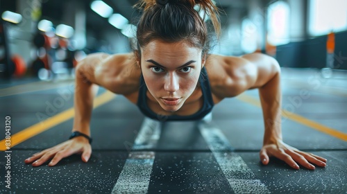 Determined woman doing push-ups at the gym.