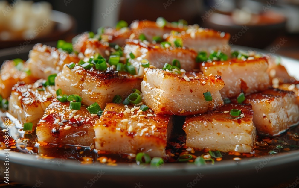 A plate of meat with green onions and sesame seeds A plate of meat with green onions and sesame seeds