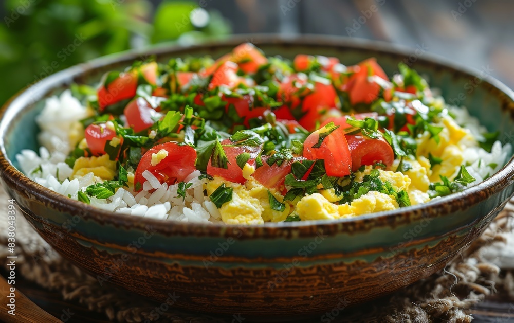 A bowl of food with rice, tomatoes, and herbs A bowl of food with rice, tomatoes, and herbs