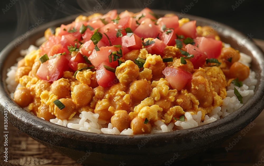 A bowl of food with rice and beans and tomatoes A bowl of food with rice and beans and tomatoes