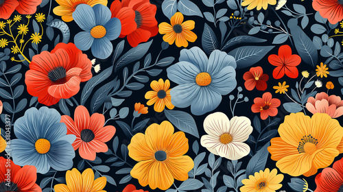 beautiful detailed colorful flowers seamless pattern, scandinavian art