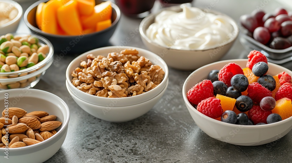 Healthy breakfast with granola, yogurt, fruits and nuts. Healthy breakfast with granola, yogurt, fruits and nuts.