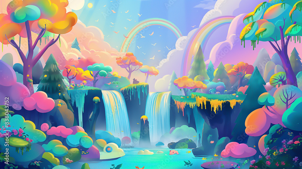 Design an abstract and dreamlike portrayal of a beautiful morning in the cartoon jungle