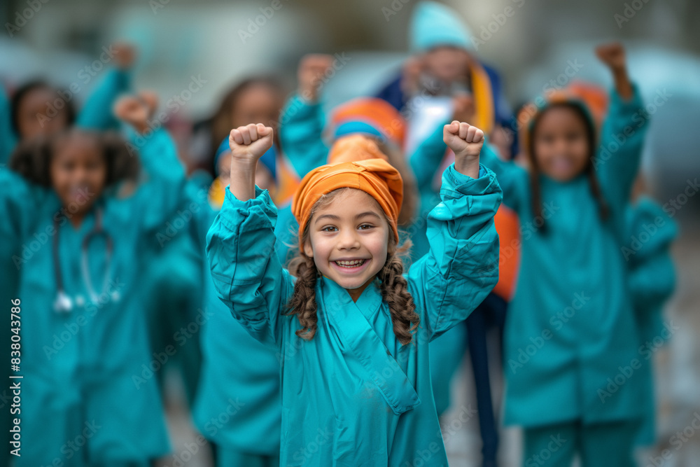 A group of cheerful, multiethnic children dressed in teal medical uniforms, smiling and raising their hands in celebration. They are outdoors, symbolizing unity and future aspirations in healthcare.