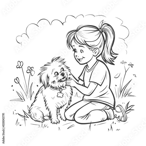 Girl Petting Small Dog in Garden, Line Art, Coloring Page.