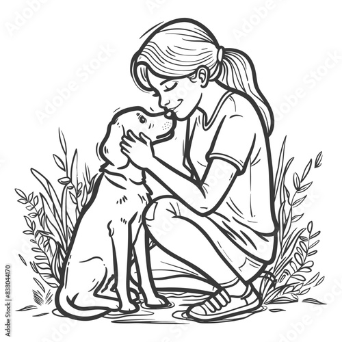 Line art: Girl cuddling with her loyal puppy outdoors, friendship illustration, wholesome moment.
