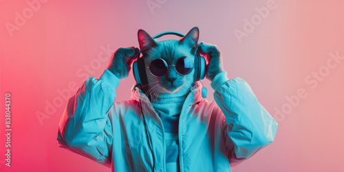 Trendy cat adjusting headphones in neon light