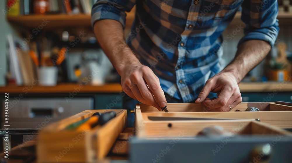 Close-up of a carpenter's hands working on a wooden project. Close-up of a carpenter's hands working on a wooden project.