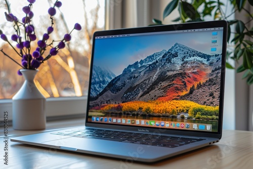 A mountain range can be seen on a laptop screen that is open, Generative AI.