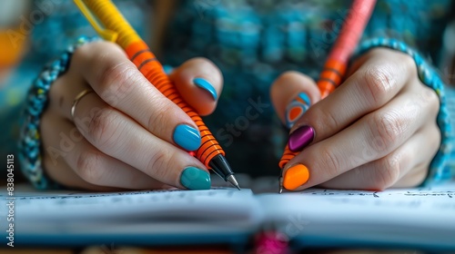 Close-up of hands writing in a notebook with colorful pens.