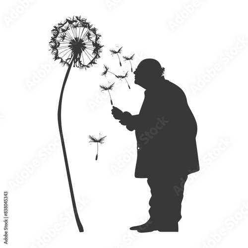 silhouette elderly man blows dandelion flower black color only