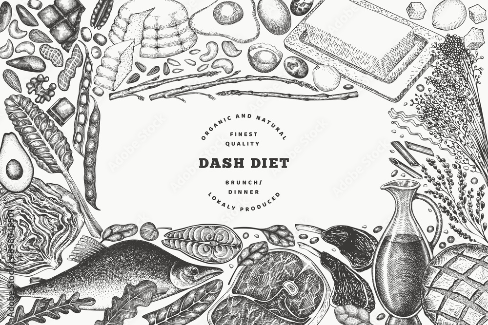 Obraz premium Dash Diet Design Template. Vector Hand Drawn Healthy Food Banner. Vintage Style Menu Illustration.
