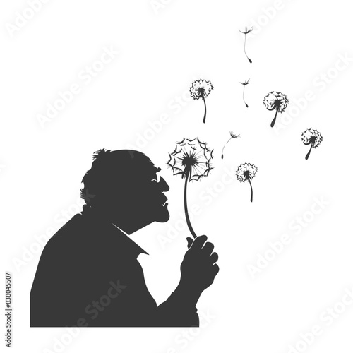 Silhouette of elderly man blowing dandelion seeds, wish fulfillment vector.