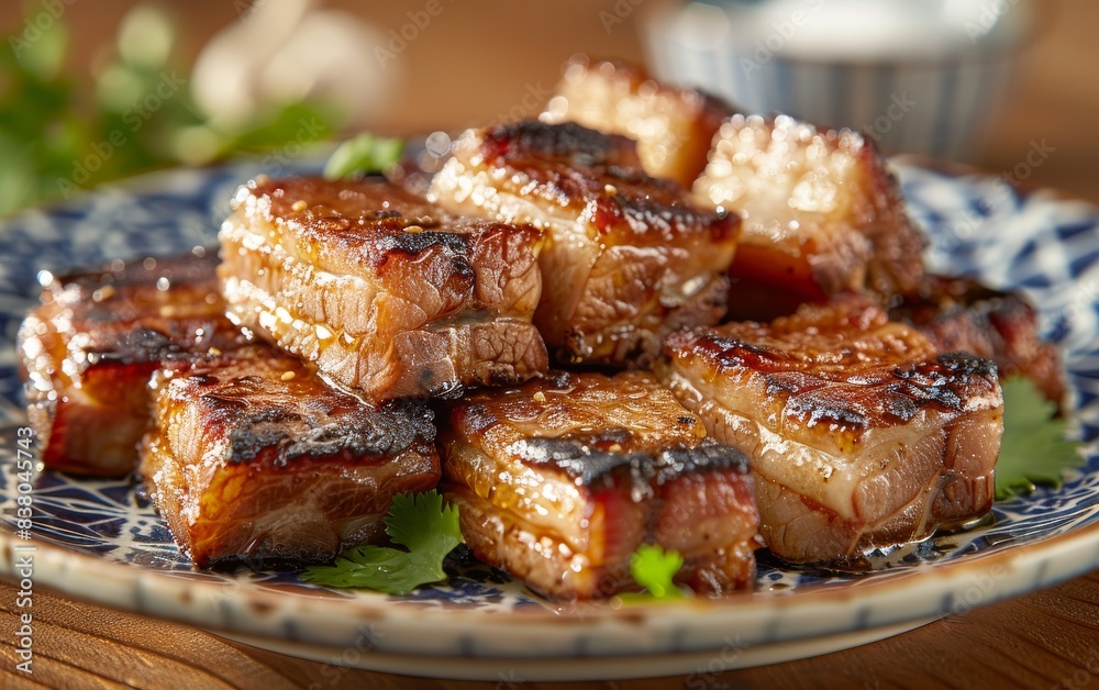 A plate of meat with a green herb on top A plate of meat with a green herb on top