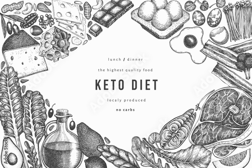 Keto Diet Design Template. Vector Hand Drawn Healthy Food Banner. Vintage Style Ketogenic Menu Illustration.
