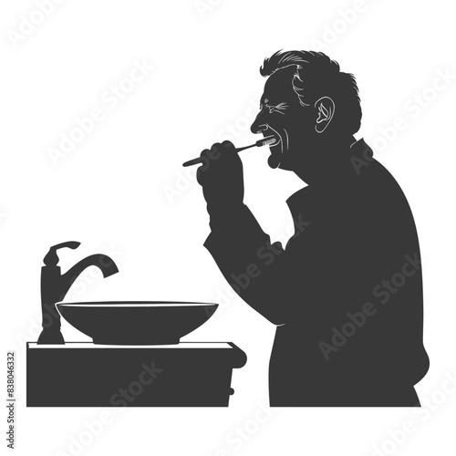 Silhouette of a man brushing teeth at a vintage sink.