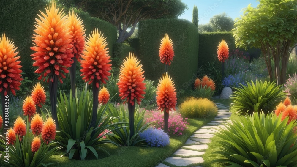 Garden scene adorned with the vibrant presence of a blooming Kniphofia plant Garden scene adorned with the vibrant presence of a blooming Kniphofia plant