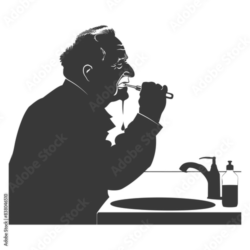Silhouette of Elderly Man Brushing Teeth, Expectorating. Morning Routine.