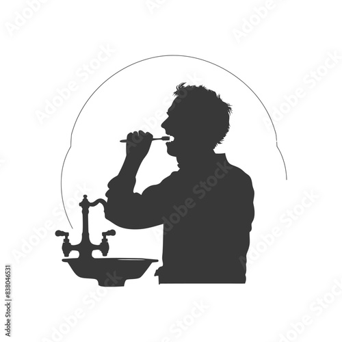 Silhouette: Man Brushing Teeth, Antique Sink, Graphic, Early Morning Ritual, Minimalist Design