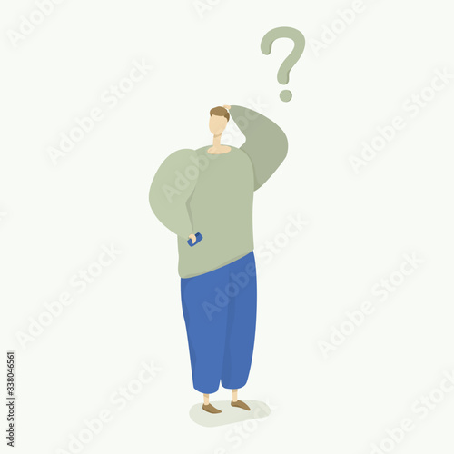 Vector drawing depicting an abstract confused guy in a pale green sweater and blue trousers with a smartphone in his hands on a light background